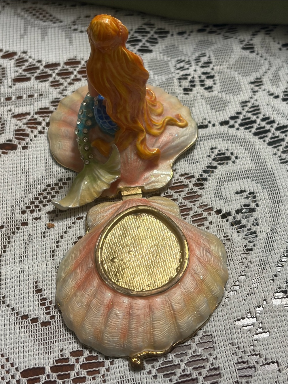 Mermaid Trinket Box - Teal and Peach Decorative Shell Jewelry Holder - Picture 5 of 6
